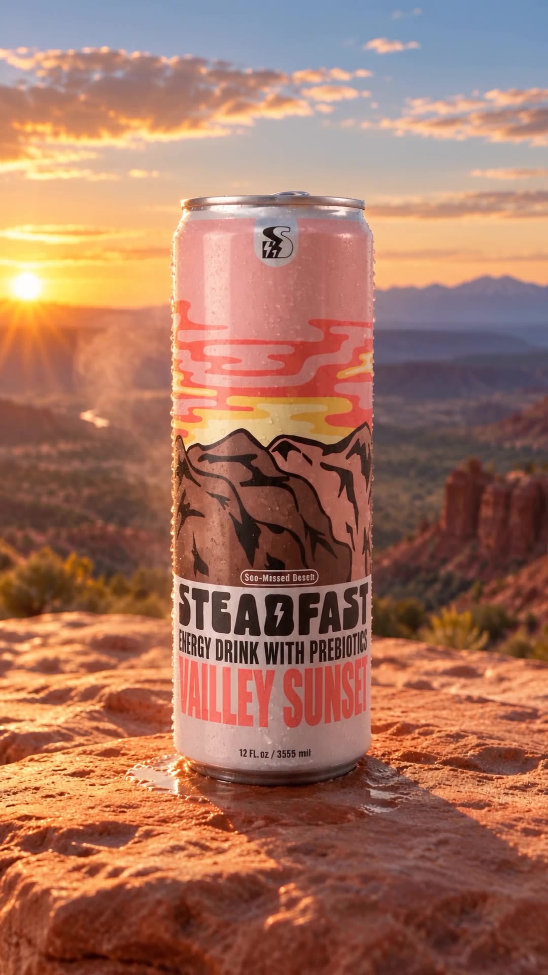 Valley Sunset energy drink can against warm Utah sandstone