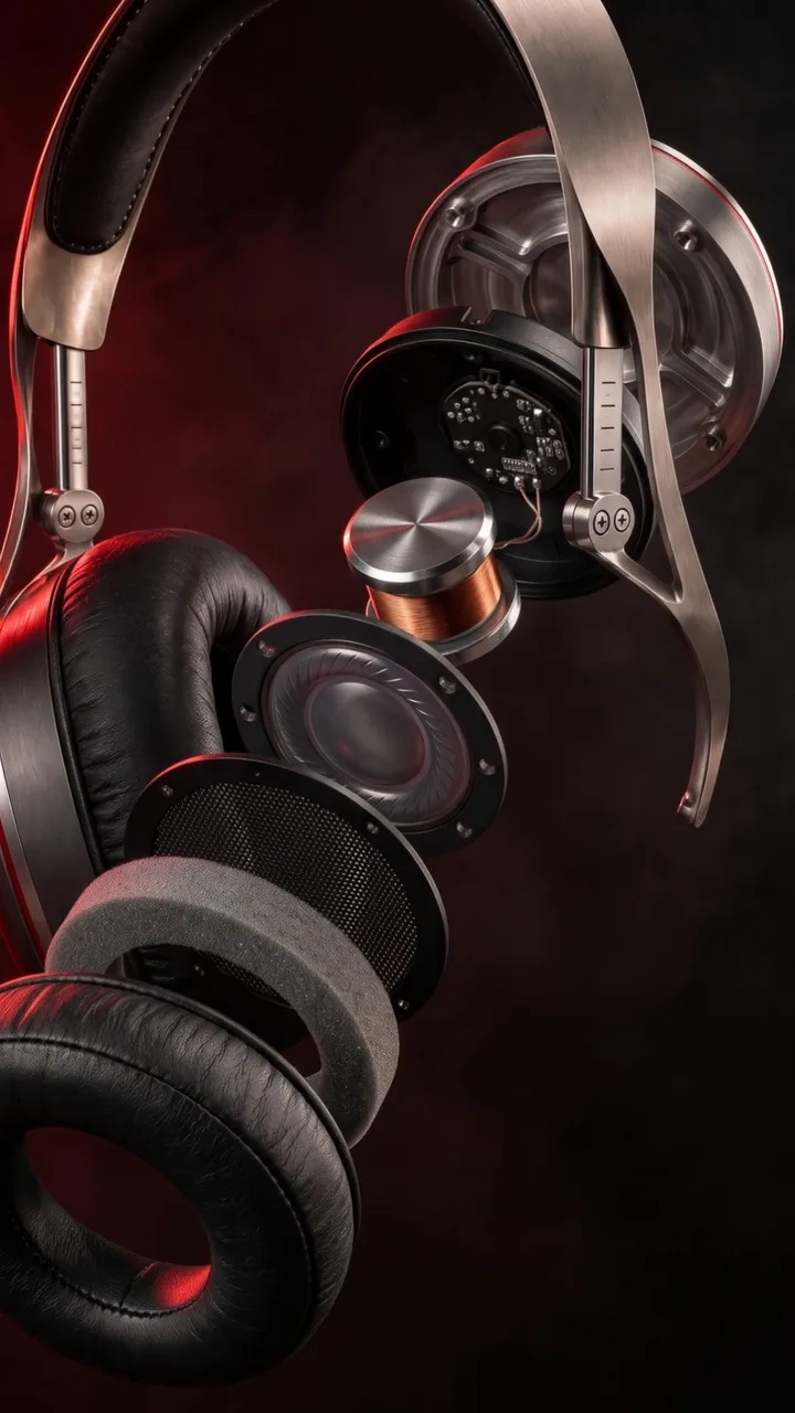 Headphone ear cup separated into its components under crimson light